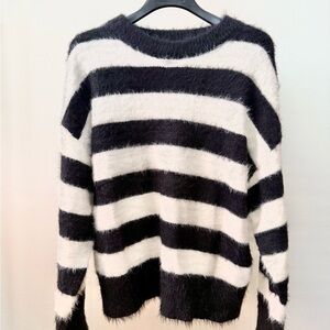 A New Day Black White Striped Fuzzy Sweater Large Cozy Oversized Knit